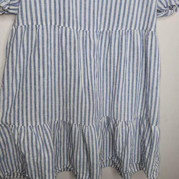 Beach Lunch Lounge Linen Dress Large Tiered Blue White Striped Puff Cottagecore - Picture 5 of 10